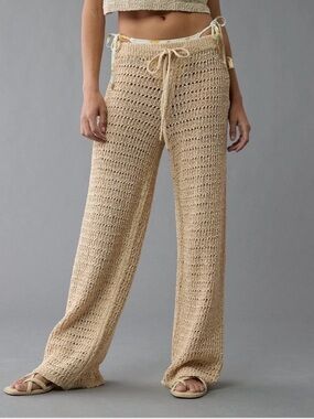 American Eagle Neutral Knit Drawstring Wide-Leg Crochet Swimwear Pants